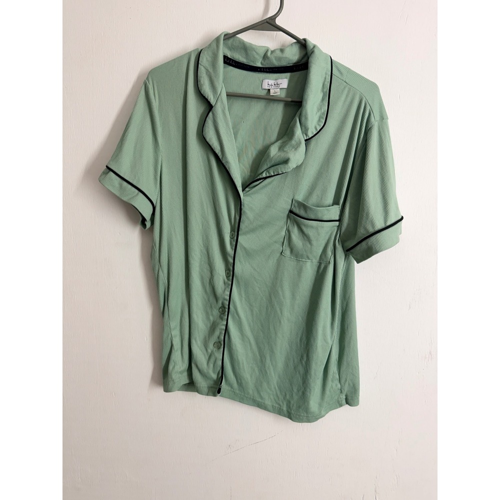Nicole Miller New York Sage Green Ribbed Pajama Top Short Sleeve Button Down L